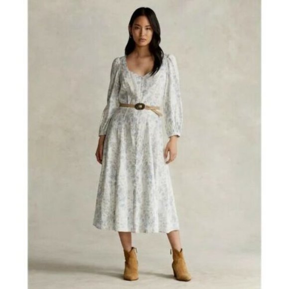 Polo Ralph Lauren Dresses & Skirts - NWT Polo Ralph Lauren Linen Floral Midi Dress Ivory Blue Peasant Size 8 H12993